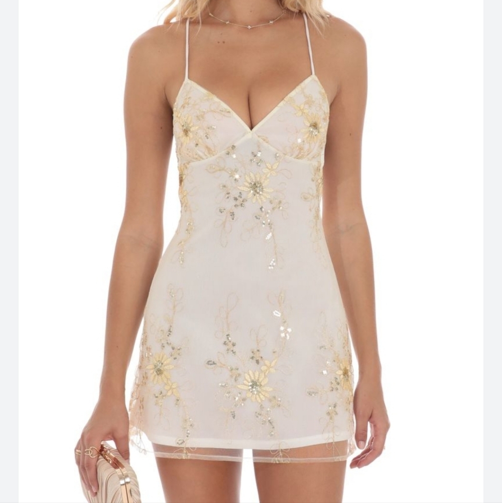 Lucy In The Sky Brand New Unworn Elegant White and Gold Floral Dress